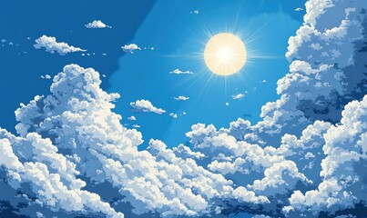 Sticker - Fluffy white clouds drift across a blue sky, lit by the bright sun.