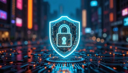 futuristic cyber security technology with glowing blue padlock on a digital network background repre