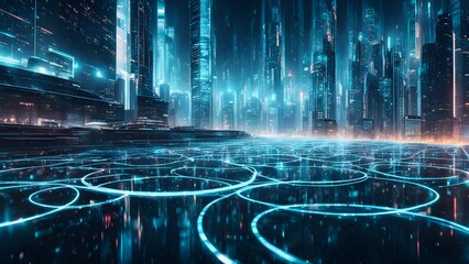 Wall Mural - Futuristic cityscape at night with glowing blue digital pathways connecting futuristic skyscrapers.