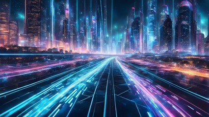 Wall Mural - Futuristic cityscape at night with vibrant neon lights and glowing streaks of light depicting high-speed transportation or data flow.