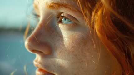 Wall Mural - Close-up of a young woman with striking blue eyes and red hair, illuminated by soft sunlight, reflecting tranquility