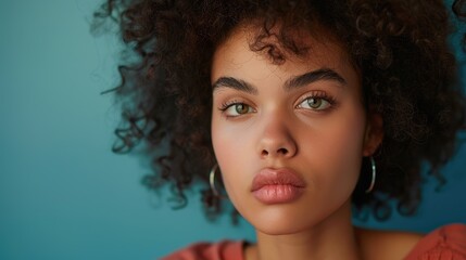 Wall Mural - Close-up portrait of a young woman with curly hair and striking green eyes against a blue background