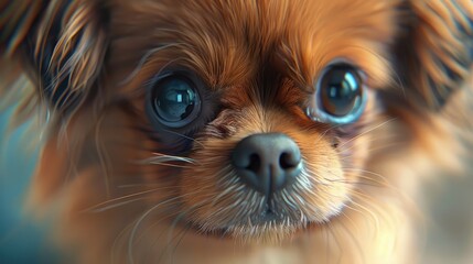 Wall Mural - Close-up portrait of an adorable small dog with expressive eyes, showcasing its fluffy coat and curious demeanor