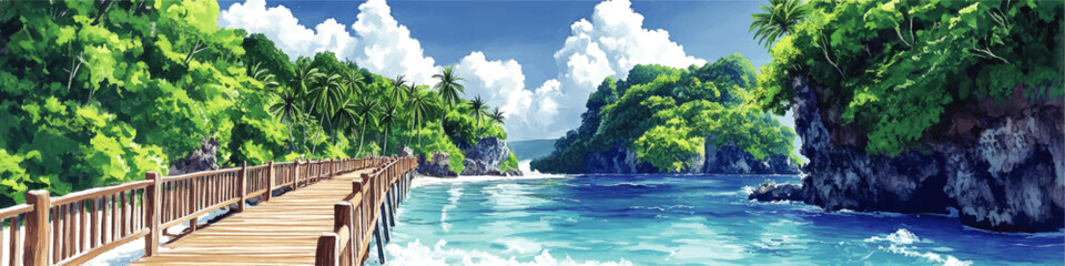 Wall Mural - Stunning Vector Art of Tropical Beach Scene with Lush Green Hills, Wooden Boardwalk, Blue Ocean Waves, and Scenic Clouds - Perfect for Nature Lovers