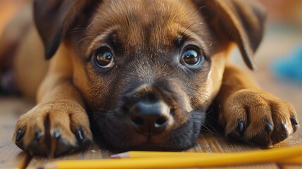 Canvas Print - Adorable puppy resting on a wooden surface, gazing curiously with playful background elements, perfect for pet lovers