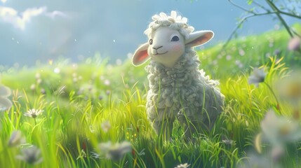 Canvas Print - A cute, fluffy sheep stands in a vibrant meadow filled with flowers under a sunny sky, evoking a sense of peace