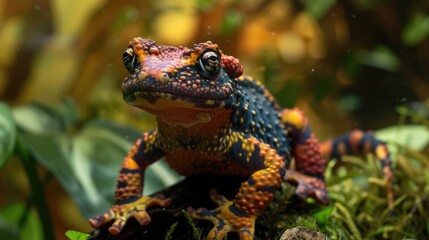 A vibrant amphibian perched on a mossy log, surrounded by lush greenery in a serene natural habitat