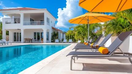 Wall Mural - Luxurious poolside scene featuring loungers, vibrant umbrellas, and a modern villa under a clear sky