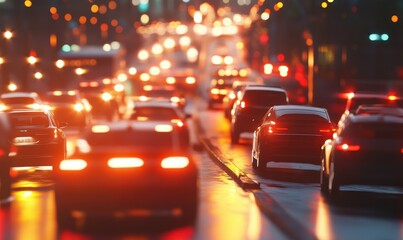 Wall Mural - Busy city street at dusk with blurred car lights, warm evening tones enhancing the urban atmosphere, dynamic and energetic scene