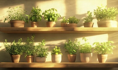 Wall Mural - Calm indoor scene with multiple potted herbs neatly arranged on a wooden shelf, basking in soft natural light.