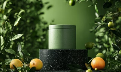 Wall Mural - A sleek green container displayed on a black speckled pedestal, surrounded by vibrant green foliage and fresh citrus fruits, against a green background.