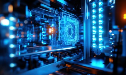 Close-up of a 3D printer in action, glowing blue light highlighting the intricate design being printed, advanced technology