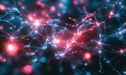 Intricate web of glowing wires in neon hues of red and blue, symbolizing connectivity and high-tech networks.