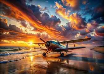 Wall Mural - Surreal Beach Airplane Sunset: Dreamlike Landscape Photography