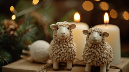 Poster - Two decorative sheep figurines are placed on a wooden surface surrounded by candles and festive decorations