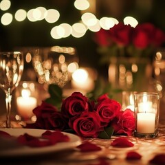 Poster - Romantic dinner setting with candles and red roses during evening gathering. Generative AI