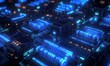 © Tanya - Rows of connected data servers glowing with vibrant blue lights, symbolizing advanced technology infrastructure, sharp and dynamic angles
