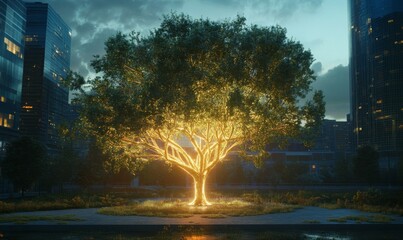 Sticker - Bioengineered tree emitting a soft glow, designed to provide sustainable energy in urban areas.