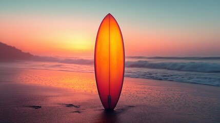 Wall Mural - Vibrant surfboard on sandy beach with sunset and ocean waves in background