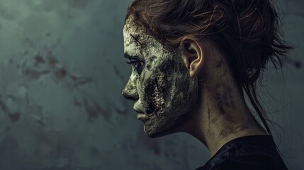 Wall Mural - A haunting portrait of a woman with a distressed face, set against a dark, atmospheric background with eerie textures