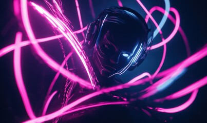 Wall Mural - abstract neon lines forming dynamic shapes on a dark background, soft glowing light creating a futur