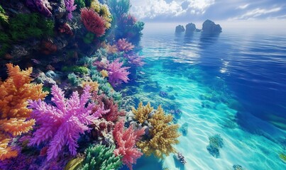 Wall Mural - Aerial view of a vibrant coral reef under crystal-clear water, bright sunlight creating vivid reflections and rich colors, exotic marine landscape