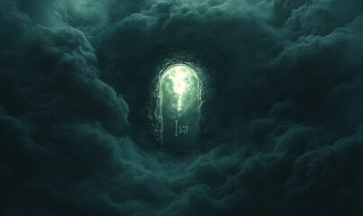 Wall Mural - ancient glowing keyhole floating in a misty dark cloud, faint light radiating through swirling vapor