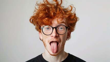 Wall Mural - Playful young man with curly red hair and glasses sticking out his tongue against a neutral background