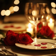 Poster - Romantic dinner table setting with roses, candles, and heart decorations for a special evening. Generative AI