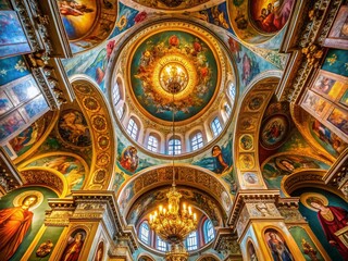 Wall Mural - Symmetrical Ceiling Architecture, Russian Orthodox Holy Virgin Cathedral Interior,  Ornate Gold Details, Religious Building, Dome,  Architectural Photography