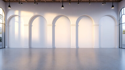 Canvas Print - Sunlit arches line a spacious, bright hall with smooth concrete floors and tall windows.