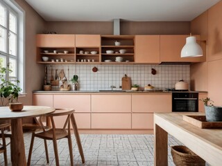 Wall Mural - Modern kitchen with peach cabinetry and natural wood accents