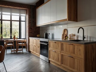 Wall Mural - Kitchen interior showcasing rustic wooden cabinets and large window view