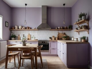 Wall Mural - Light purple themed kitchen featuring a wooden table and chairs