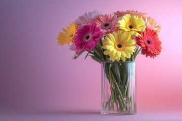 Aufkleber - Colorful bouquet of gerbera daisies in a clear vase against a soft pink background. Generative AI