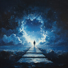 Wall Mural - Journey through a cosmic pathway under a starlit sky with clouds reflecting mysterious blue hues. Generative AI