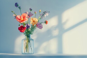Poster - Bright and colorful flowers in a glass vase casting elegant shadows on a wall in soft morning light. Generative AI