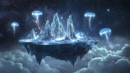 Wall Mural - A celestial floating island with crystal mountains, glowing jellyfish replacing clouds, constellations form ancient beasts in the night sky above. Ancient Sky Beasts. Illustration