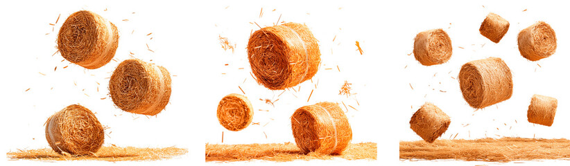 Wall Mural - Three variations of hay bales in motion, isolated on a transparent background. Dynamic compositions featuring flying straw pieces, capturing natural movement