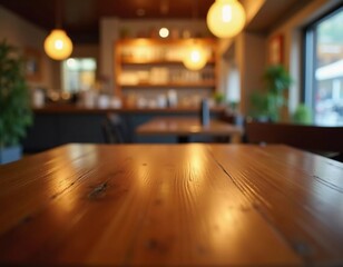 A warm wooden table creates a cozy atmosphere in a bustling cafe. Soft lights illuminate the background where patrons enjoy their drinks and conversations. Generative AI