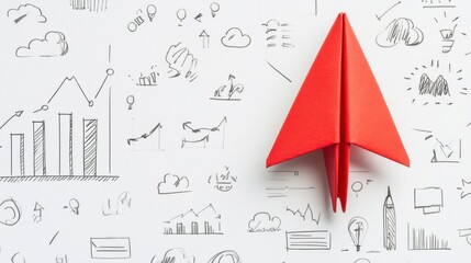 Fototapete - Red paper plane representing innovative business strategies on a white background for success in various industries. Generative AI