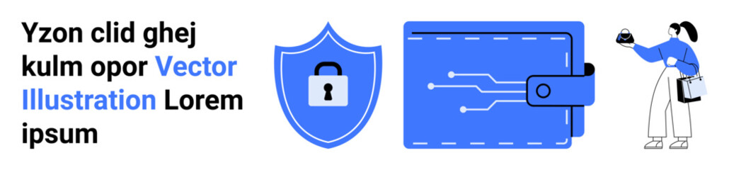 Lock-secured shield, digital wallet with circuits, person scanning QR code. Ideal for fintech, cybersecurity, e-commerce, online payment, data security, digital banking flat landing page banner