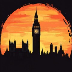Leinwandbilder - Iconic clock tower silhouette against vibrant sunset in London capturing the beauty of evening sky. Generative AI