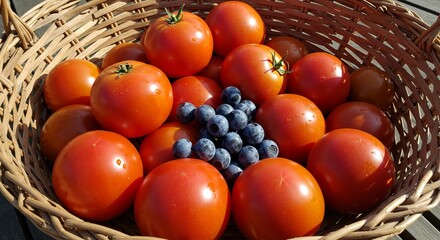 Wall Mural - Fresh tomatoes and blueberries in woven basket on sunlit deck