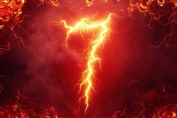 Wall Mural - Golden lightning strikes amidst a fiery red and smoky sky