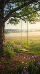 Wall Mural - Peaceful sunrise over flowering meadow with tree swing in misty countryside scenery