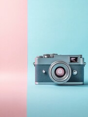 Aufkleber - Vintage camera displayed on a pastel background with pink and blue colors creating a retro aesthetic. Generative AI