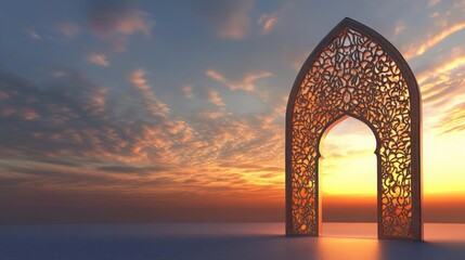 Wall Mural - Intricate Arch Design with Sunset Sky and Reflective Water Surface