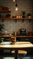 Wall Mural - This stunning coffee shop photograph featuring a cozy shelf and table setup perfect for a cafe