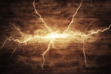 Wall Mural - Electrical lightning bolt striking across a rustic wooden background